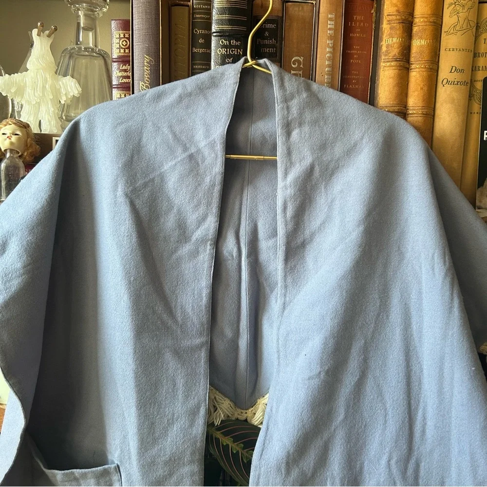 Vintage 60s Light Blue Shawl with Cream Fringe and Pockets
